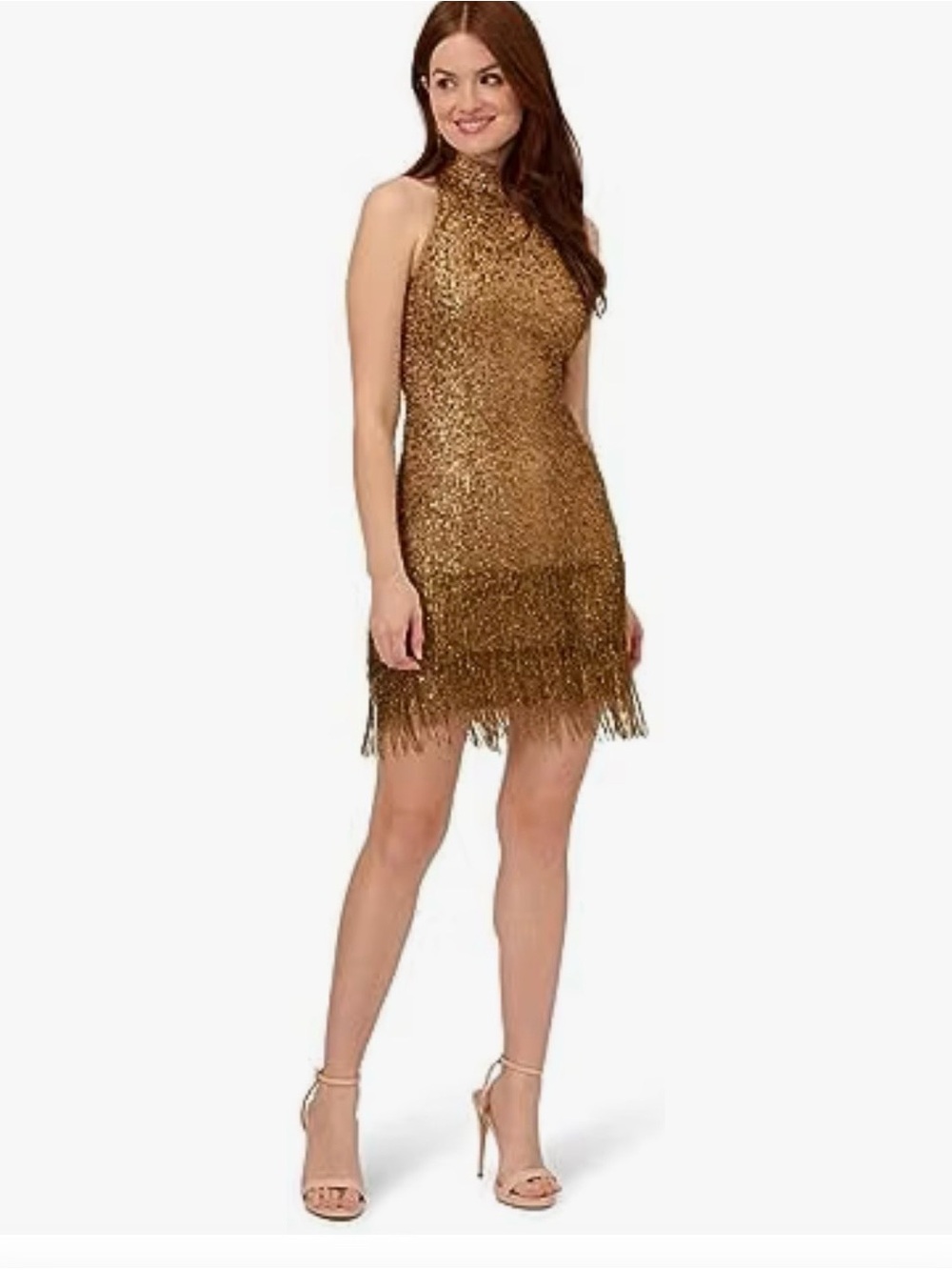 NWT Adrianna Papell Gold/Bronze Sequin Fringe Cocktail Dress